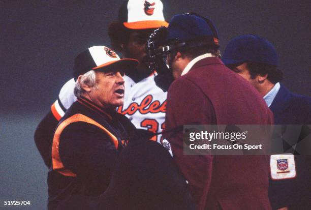 Baltimore Orioles' manager Earl Weaver talks with the umpire during the World Series against the Pittsburgh Pirates at Three Rivers Stadium in...