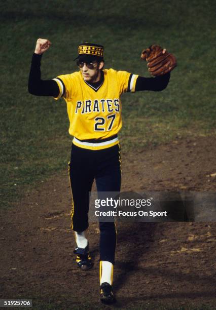 Pittsburgh Pirates' pitcher Kent Tekulve raises his hands in victory after one of his three saves against the Baltimore Orioles during the World...