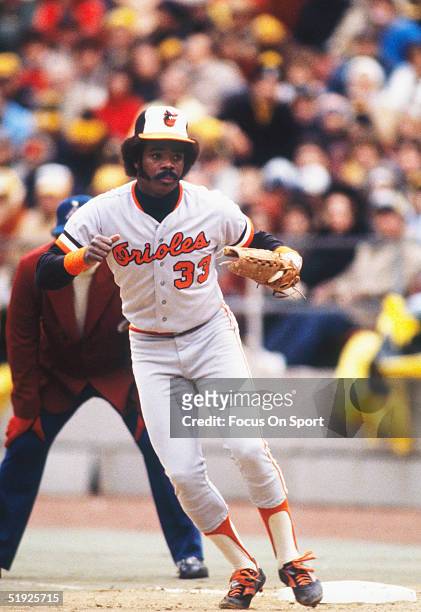 Baltimore Orioles' first baseman Eddie Murray steps off first base to react to a hit during the World Series against the Pittsburgh Pirates at Three...