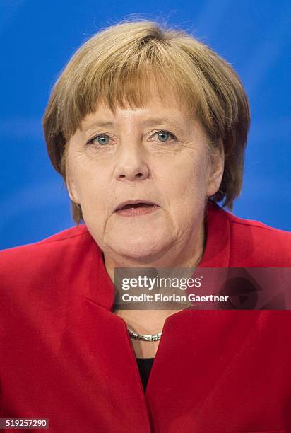 German Chancellor Angela Merkel speaks to the media during a press conference with the heads of world financial institutions on April 05, 2016 in...