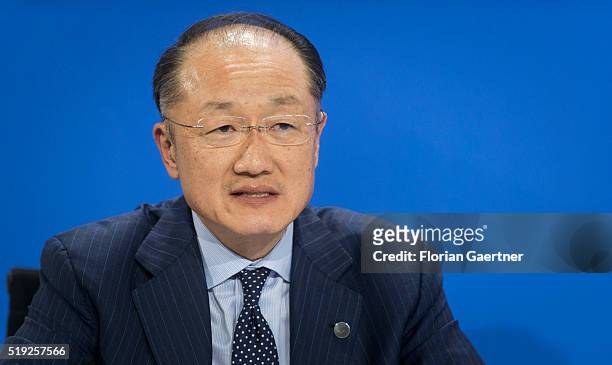 Jim Yong Kim, president of the World Bank captured during a press conference with the heads of world financial institutions on April 05, 2016 in...