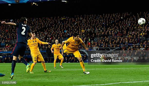 Luis Suarez of Barcelona scores their second goal with a header during the UEFA Champions League quarter final first leg match between FC Barcelona...