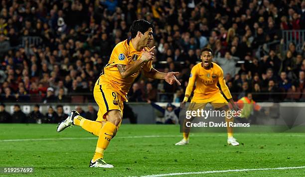 Luis Suarez of Barcelona celebrates as he scores their second goal with a header during the UEFA Champions League quarter final first leg match...