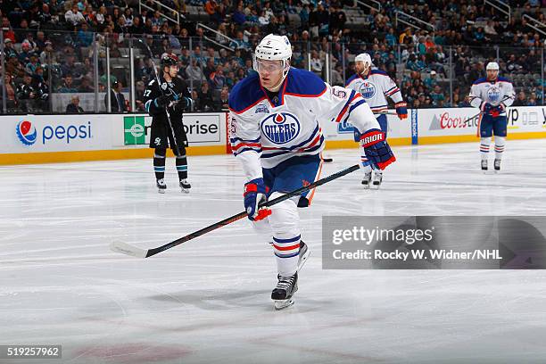 Mark Fayne of the Edmonton Oilers skates against the San Jose Sharks at SAP Center on March 24, 2016 in San Jose, California.