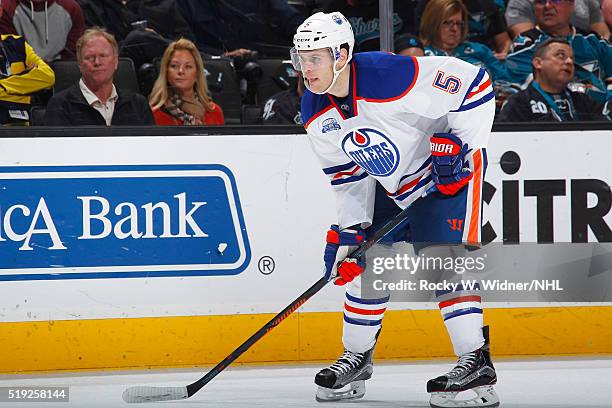 Mark Fayne of the Edmonton Oilers skates against the San Jose Sharks at SAP Center on March 24, 2016 in San Jose, California.