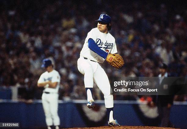 Pitcher Fernando Valenzuela of the Los Angeles Dodgers pitches against the New York Yankees during Game 3 of the 1981 World Series at Dodger Stadium...