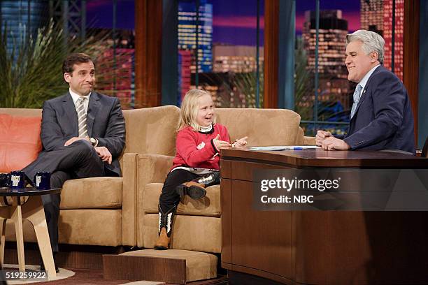 Episode 3074-- Pictured: Actor Steve Carell and actress Maria Lark during an interview with host Jay Leno on January 11, 2006 --