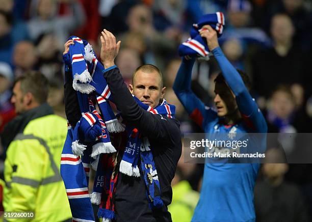 Kenny Miller , of Rangers celebrates with his teammates as Rangers beat Dumbarton 1-0 to clinch the Scottish Championship title match between Glasgow...