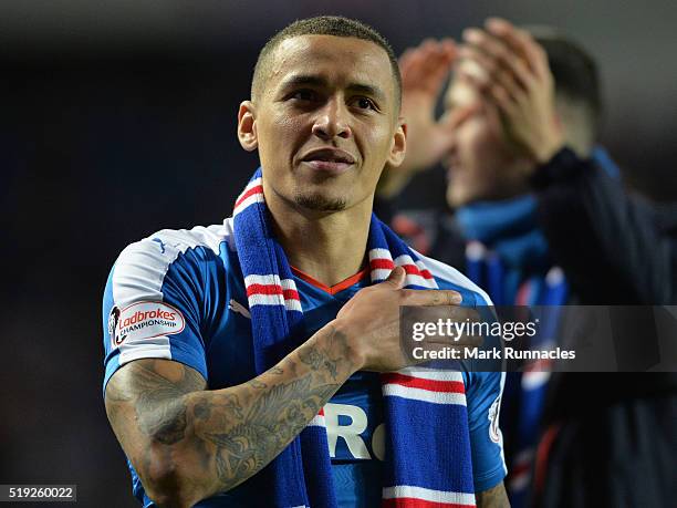 James Tavernier of Rangers celebrates with his teammates as Rangers beat Dumbarton 1-0 to clinch the Scottish Championship title match between...
