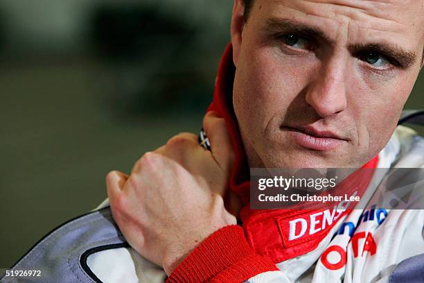 New driver Ralf Schumacher talks to the press during the Panasonic Toyota Racing TF105 Car Launch at the Estacion de Franca on January 8, 2005 in...
