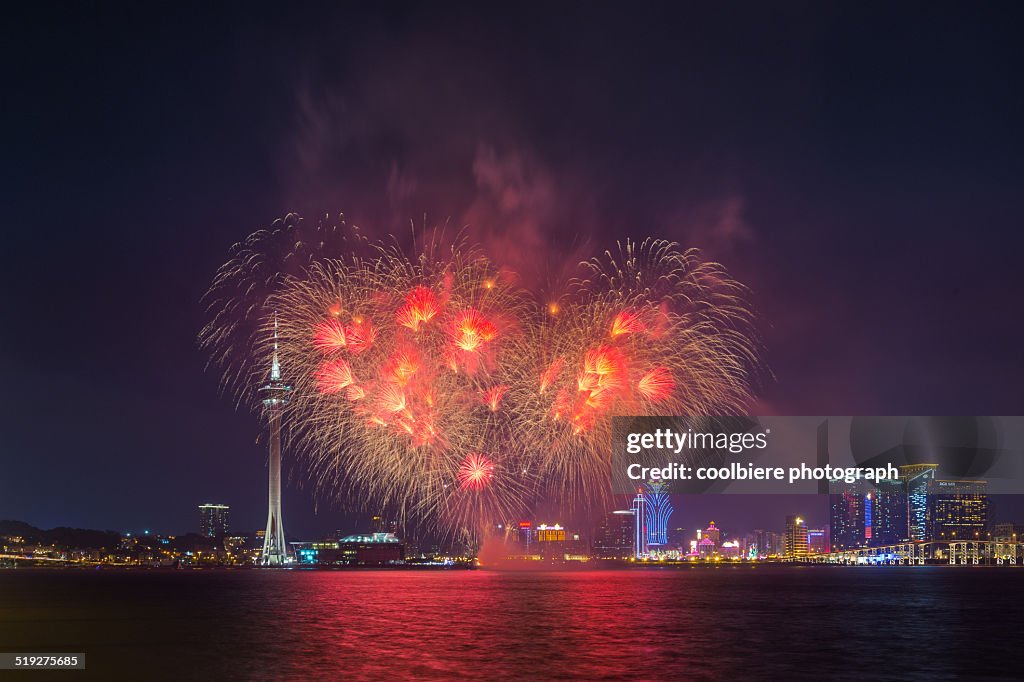 Red fireworks display in heart shape in Macau