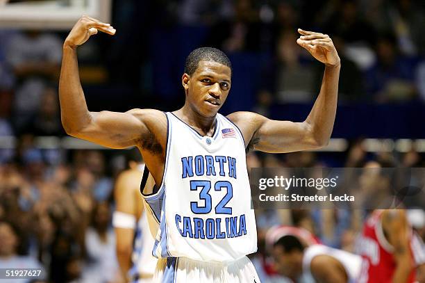 Rashad McCants of the North Carolina Tar Heels gestures towards the crowd during their 109-75 victory over the Maryland Terrapins on January 8, 2005...