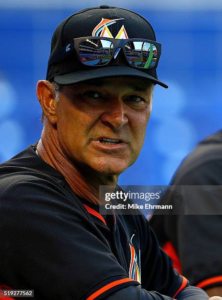 Manager Don Mattingly of the Miami Marlins looks on during 2016 Opening Day against the Detroit Tigers at Marlins Park on April 5, 2016 in Miami,...