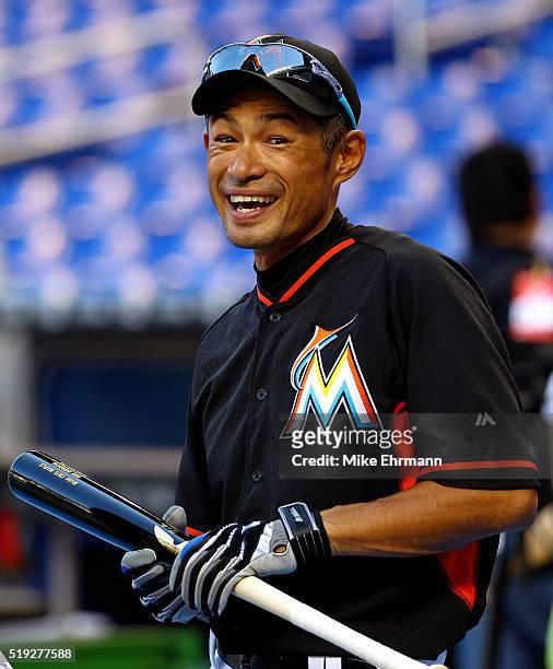 Ichiro Suzuki of the Miami Marlins looks on during 2016 Opening Day against the Detroit Tigers at Marlins Park on April 5, 2016 in Miami, Florida.