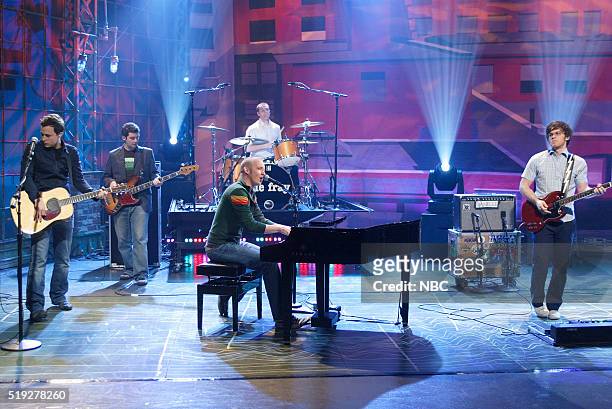 Episode 3092-- Pictured: Musicians Joe King, Ben Wysocki, Isaac Slade, and Dave Welsh of musical guest The Fray perform on February 8, 2006 --