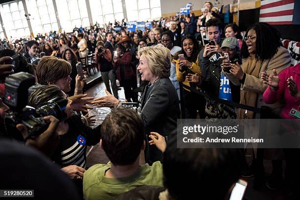 Democratic presidential candidate Hillary Clinton greets the crowd following a Women for Hillary Town Hall meeting with New York City first lady...