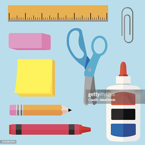 ilustraciones, imágenes clip art, dibujos animados e iconos de stock de escuela suministra con pantalla plana - tijeras