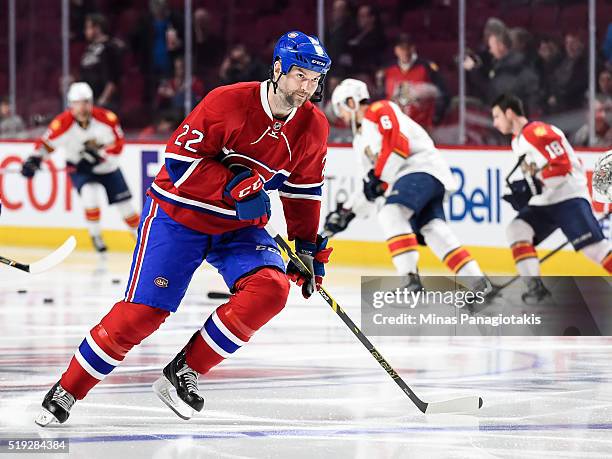 John Scott of the Montreal Canadiens skates during the warmup prior to the NHL game against the Florida Panthers at the Bell Centre on April 5, 2016...