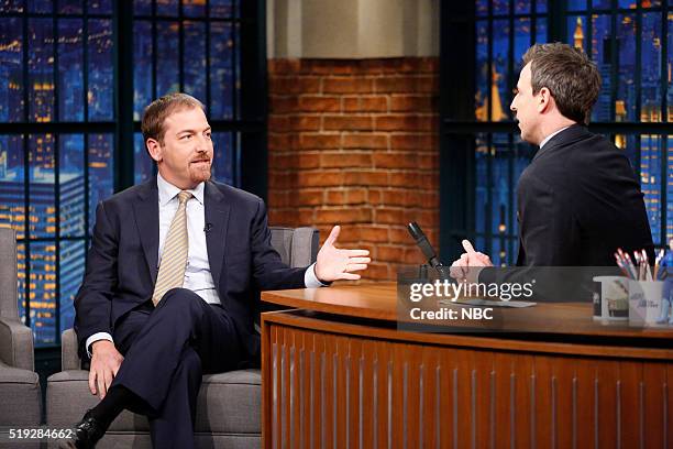 Episode 351 -- Pictured: Meet the Press moderator, Chuck Todd, during an interview with host Seth Meyers on April 4, 2016 --