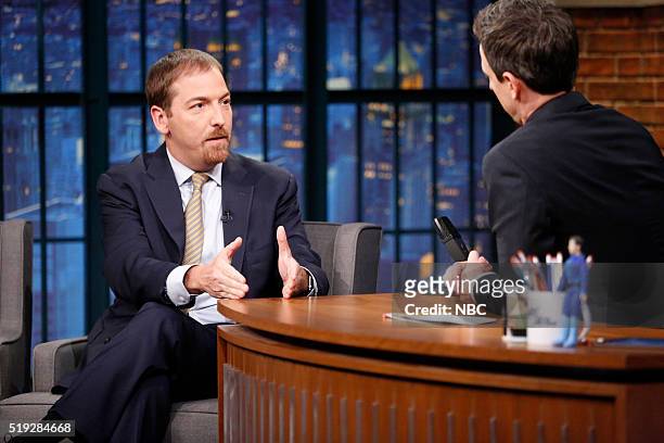 Episode 351 -- Pictured: Meet the Press moderator, Chuck Todd, during an interview with host Seth Meyers on April 4, 2016 --