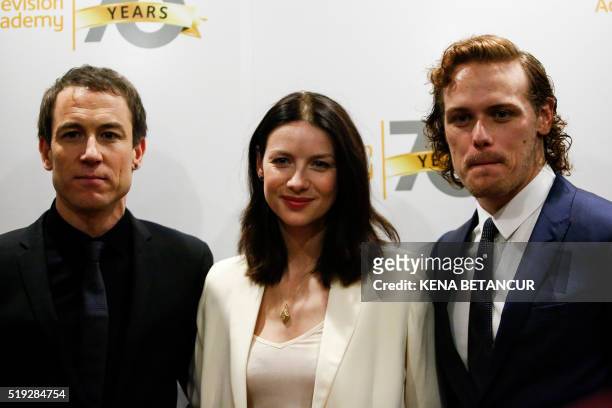 Caitriona Balfe ,Sam Heughan and Tobias Menzies attend a photo opportunity with the stars and production team of the American-British television...