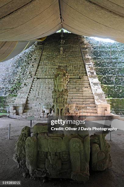 stone altar, stela m, hieroglyphic stairway, copan - m oliver stock pictures, royalty-free photos & images