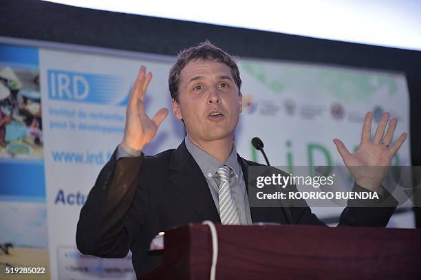 French Institute of Research for Devlopment Director Olivier Dangles speaks during a press conference held at the Ecuadorean Military Institute in...