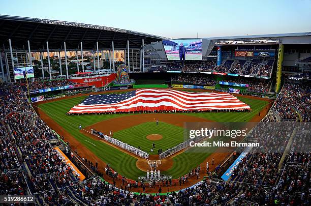 General view of Marlins Park during 2016 Opening Day between the Miami Marlins and the Detroit Tigers on April 5, 2016 in Miami, Florida.