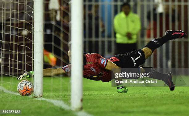 Marcos Diaz goalkeeper of Huracan jumps for the ball during a match between Huracan and Sporting Cristal as part of Group 4 of Copa Bridgestone...