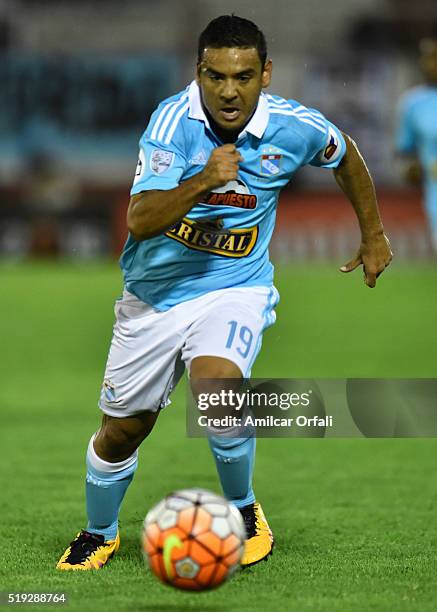 Alfredo Ramua of Sporting Cristal drives the ball during a match between Huracan and Sporting Cristal as part of Group 4 of Copa Bridgestone...