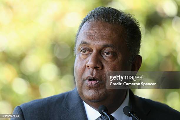 Sri Lankan Foreign Minister Mangala Samaraweera talks during the launch of the Asian Sports Partnership Program Launch at Kirribilli House on April...