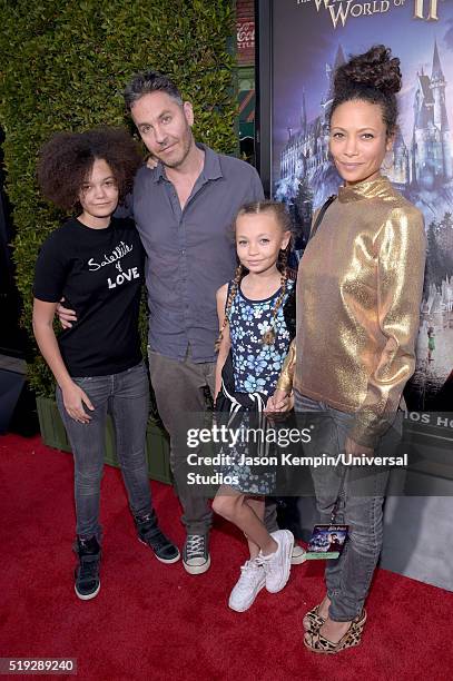 Wizarding World of Harry Potter Attraction Opening -- Pictured: Ripley Parker, screenwriter Ol Parker, Nico Parker and actress Thandie Newton arrive...