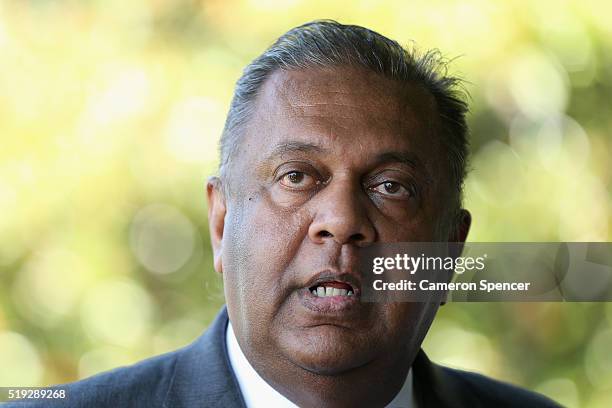 Sri Lankan Foreign Minister Mangala Samaraweera talks during the launch of the Asian Sports Partnership Program Launch at Kirribilli House on April...