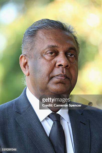 Sri Lankan Foreign Minister Mangala Samaraweera talks during the launch of the Asian Sports Partnership Program Launch at Kirribilli House on April...