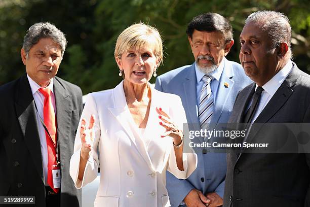 Sri Lankan Foreign Minister Mangala Samaraweera talks to Australian Foreign Minister Julie Bishop during the launch of the Asian Sports Partnership...