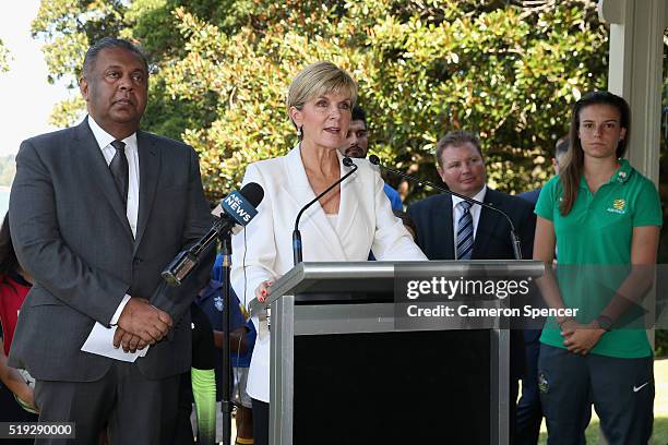 Minister for Foreign Affairs Julie Bishop talks during the launch of the Asian Sports Partnership Program Launch at Kirribilli House on April 6, 2016...