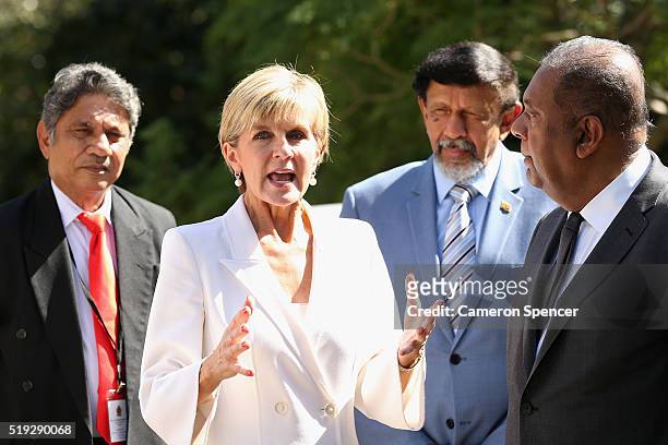 Sri Lankan Foreign Minister Mangala Samaraweera talks to Australian Foreign Minister Julie Bishop during the launch of the Asian Sports Partnership...