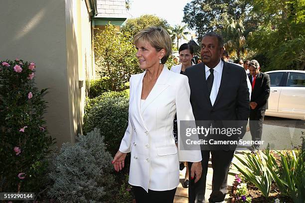 Sri Lankan Foreign Minister Mangala Samaraweera arrives with Australian Foreign Minister Julie Bishop during the launch of the Asian Sports...