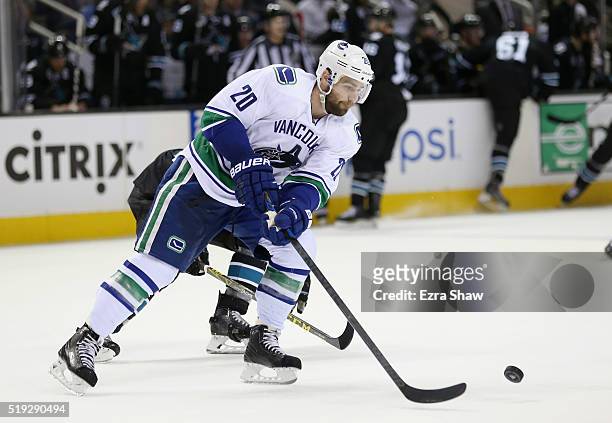 Chris Higgins of the Vancouver Canucks in action against the San Jose Sharks at SAP Center on March 31, 2016 in San Jose, California.