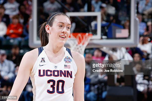 Breanna Stewart of the Connecticut Huskies smiles in the second quarter against the Syracuse Orange during the championship game of the 2016 NCAA...