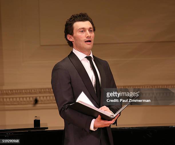 Bryce Pinkham perfoms onstage at the 2016 New York Festival Of Song Gala at Carnegie Hall on April 5, 2016 in New York City.