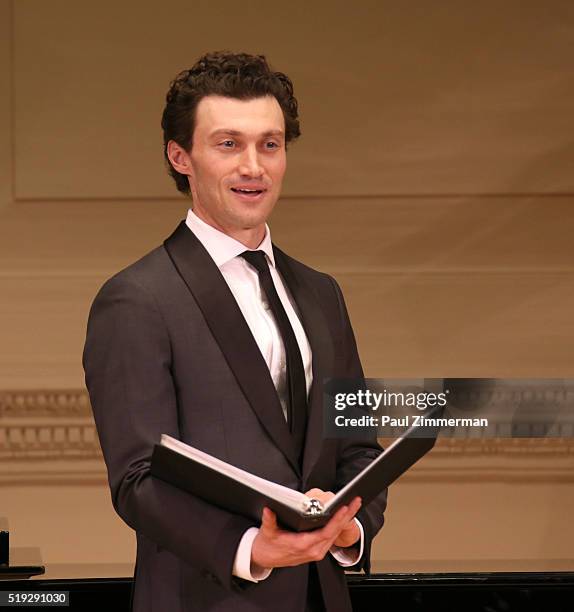 Bryce Pinkham perfoms onstage at the 2016 New York Festival Of Song Gala at Carnegie Hall on April 5, 2016 in New York City.