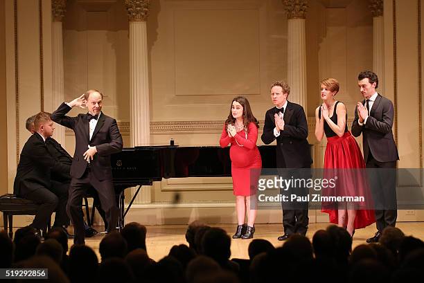 David Hyde Pierce, Lauren Worsham, Steven Blier, Bryce Pinkham and Hal Cazalet perform onstage at the 2016 New York Festival Of Song Gala at Carnegie...
