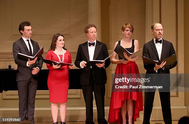 Bryce Pinkham, Lauren Worsham, Hal Cazalet and David Hyde Pierce perform onstage at the 2016 New York Festival Of Song Gala at Carnegie Hall on April...