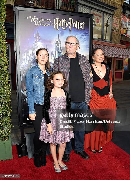 Wizarding World of Harry Potter Attraction Opening -- Pictured: Claire O'Neill, actor Ed O'Neill, Sophia O'Neill and actress Catherine Rusoff arrive...