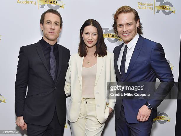 Actors Tobias Menzies, Caitriona Balfe, and Sam Heughan pose for a picture as the Television Academy Presents "Outlander" Panel Discussion at NYU...