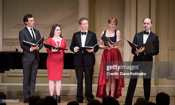 Bryce Pinkham, Lauren Worsham, Hal Cazalet and David Hyde Pierce perform at the 2016 New York Festival Of Song Gala at Carnegie Hall on April 5, 2016...