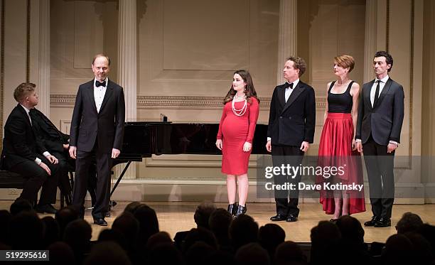 David Hyde Pierce, Lauren Worsham, Steven Blier, Bryce Pinkham and Hal Cazalet perform at the 2016 New York Festival Of Song Gala at Carnegie Hall on...