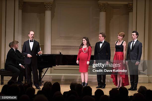 David Hyde Pierce, Lauren Worsham, Steven Blier, Bryce Pinkham and Hal Cazalet perform at the 2016 New York Festival Of Song Gala at Carnegie Hall on...