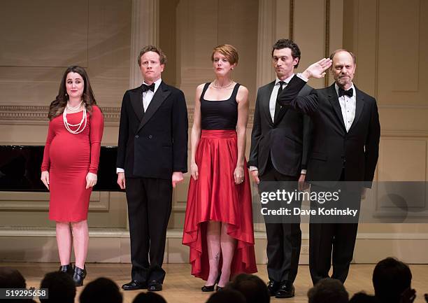 Bryce Pinkham, Lauren Worsham, Hal Cazalet and David Hyde Pierce perform at the 2016 New York Festival Of Song Gala at Carnegie Hall on April 5, 2016...